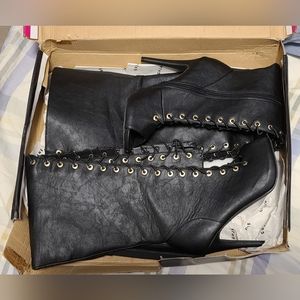 Dollhouse Shallow Thigh-High Toe-less Boot Heel